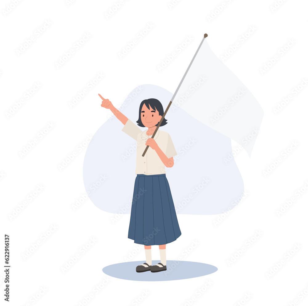 Thai student girl kid holding big blank flag with a copy space. empty white banner area. Flat vector cartoon illustration Thai student girl kid holding big blank flag with a copy space. empty white banner area. Flat vector cartoon illustration