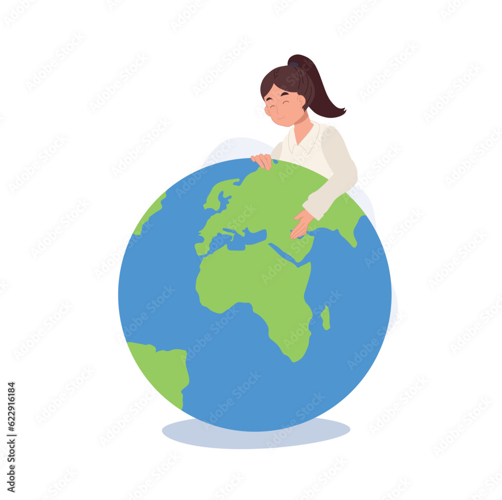 Concept of environmental protection and nature care. smiling girl hugging planet. woman hugs Earth globe with care and love Concept of environmental protection and nature care. smiling girl hugging planet. woman hugs Earth globe with care and love