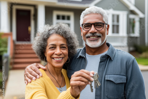 Happy senior couple together of a new home , Senior couple holding key and standing outside new house , Retirement couple and real estate concept , Created with Generate Ai Technology