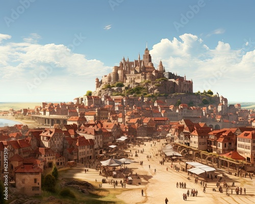 Lots of people walking around a medieval town with a castle. (Generative AI)