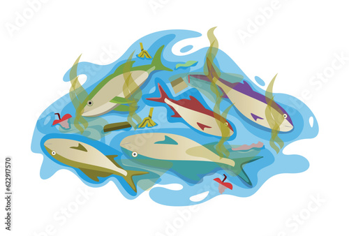 dead fish floating on surface because pollution of water	