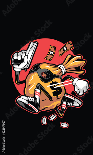 funny design of thief money bag holding gun Vector illustration