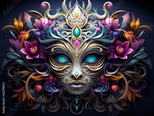 Illustration a vibrant mask adorned with colorful flowers created with Generative AI technology