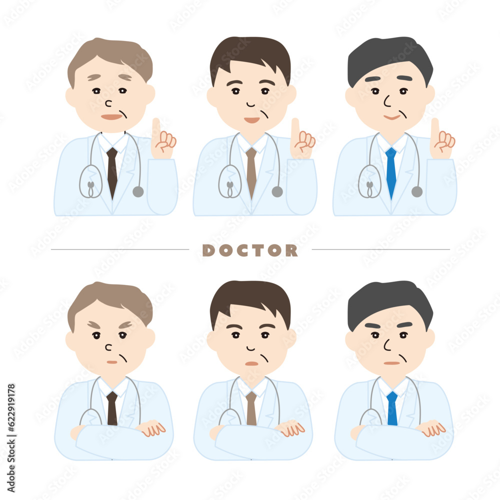 男性医師　３人の表情バリエーション　人差し指と腕組み　4cf