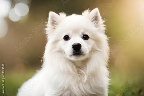 portrait of cute fluffy white fluffy dog japanese spitz on neutral natural background created with generative ai technology © Alena Yakusheva