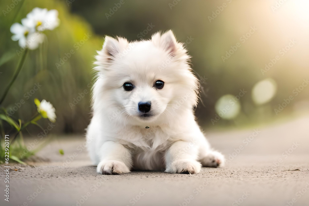 portrait of cute fluffy white fluffy dog japanese spitz on neutral natural background created with generative ai technology