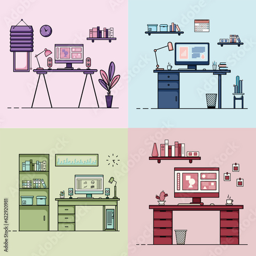 Collection of working table flat design, Concept of working desk interior with furniture. Work room and computer, desktop, table, chair, book, and stationary equipment. Work table cartoon illustration