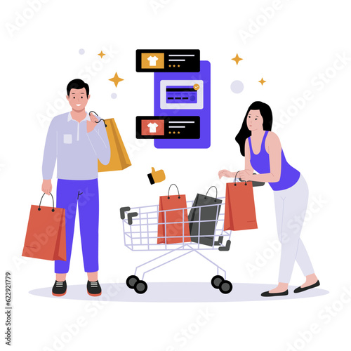 Man and women shopping with bags and trolley. Sale offer, joyful guy and girl. Flat vector illustration isolated on white background