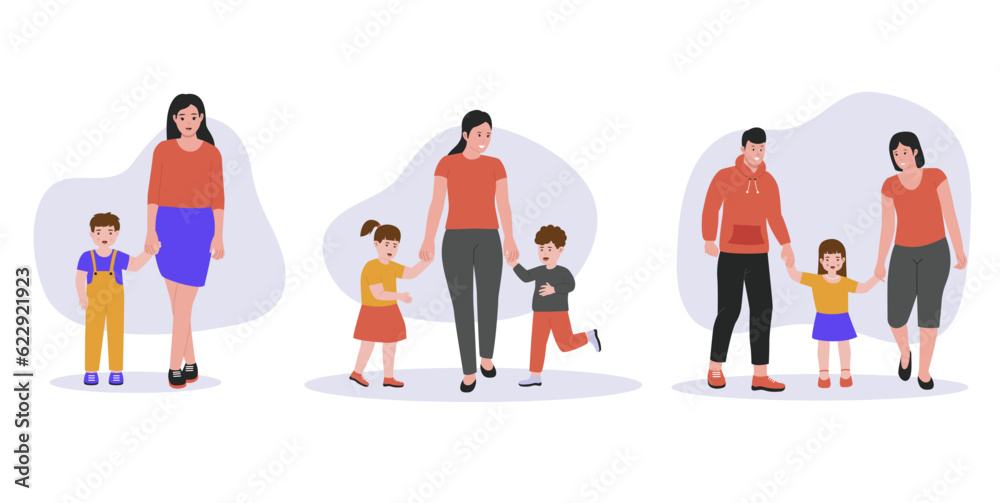 Cute cartoon illustration set of a parents with kid. happy family posing together, holding hands. Flat vector illustration isolated on white background Cute cartoon illustration set of a parents with kid. happy family posing together, holding hands. Flat vector illustration isolated on white background