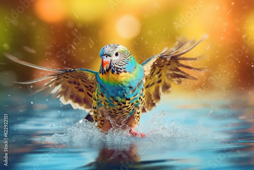 Blue parakeet flying above water surface create water splashes on blurred bokeh Fototapeta
