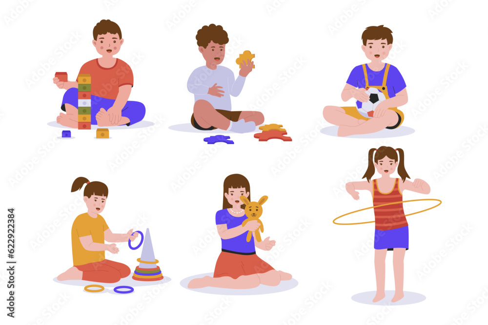Cute character children playing toys set. Flat vector illustration isolated on white background