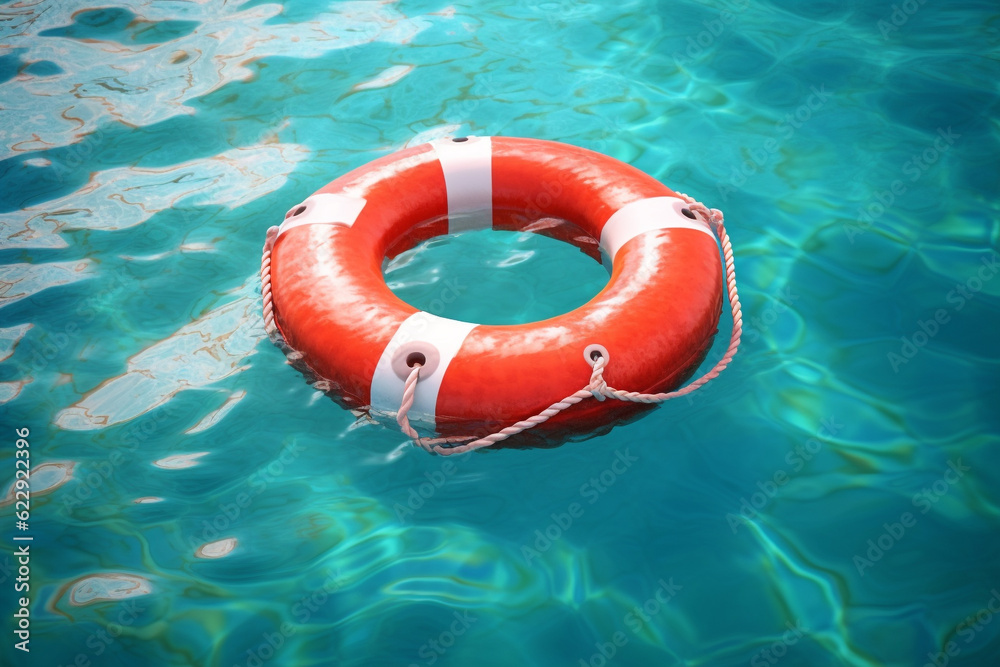 red lifebuoy ring on blue shiny water surface texture, red swimming pool ring  float in blue