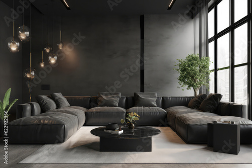 A modern luxury living room with a black sofa, paired with a dark concrete wall that offers a sleek and contemporary vibe, generative AI © Kien