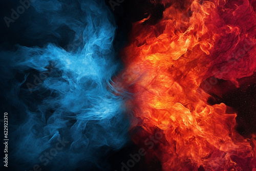 Leinwand Poster Red and blue fire on black background on 2 sides collapse, fire and ice concept