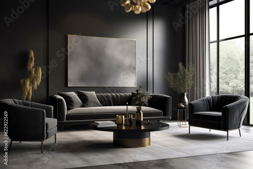 A modern luxury living room with a black sofa, paired with a dark concrete wall that offers a sleek and contemporary vibe, generative AI