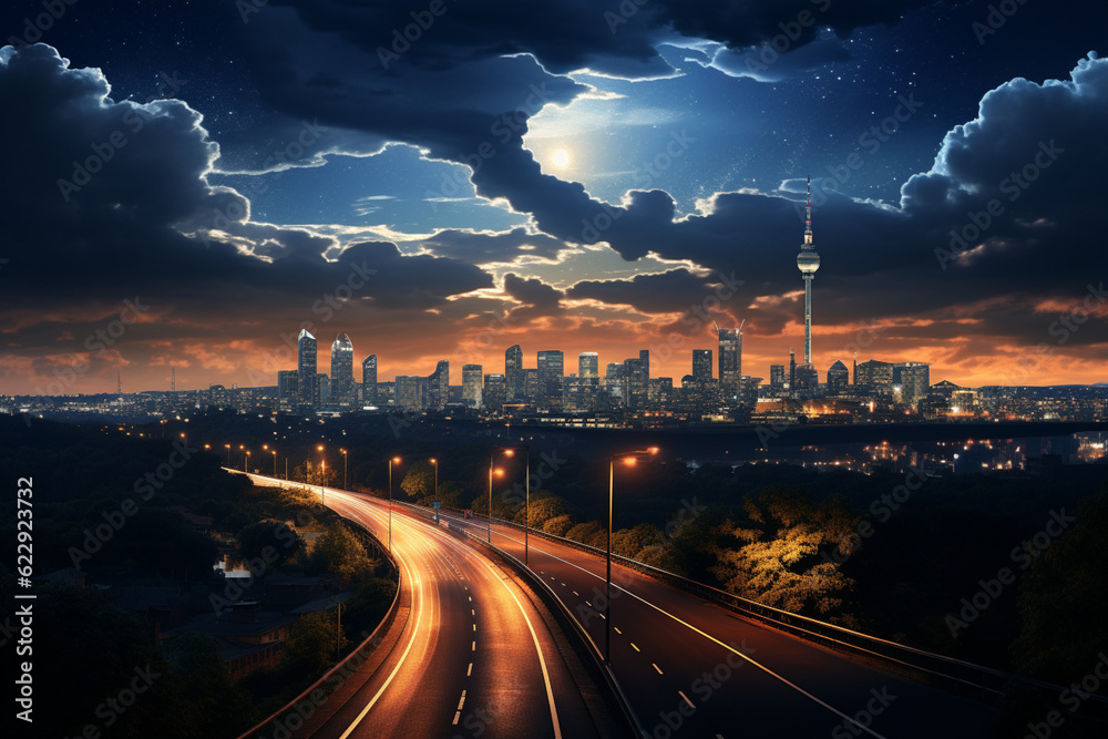 Naklejka premium Big moon illuminates Johannesburg's night cityscape, against a blue-black sky Generative AI