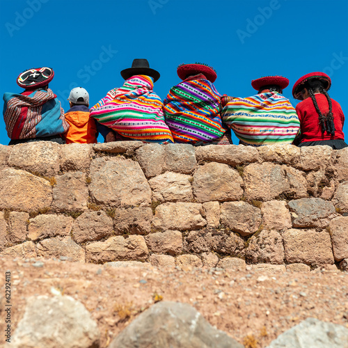 Obraz na plátně Peruvian indigenous quechua people on inca wall, Cusco province, Peru