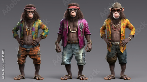 three monkeys dressed in hippie style clothing and sunglasses. generative ai.