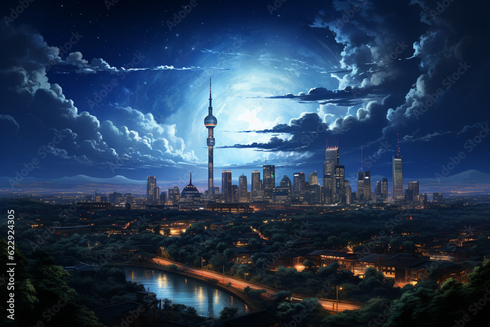 Fototapeta premium Bright moon looms over Johannesburg's night skyline, painting the sky blue-black Generative AI