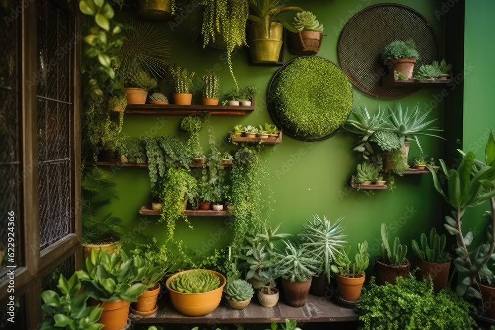 Stylish composition of home garden interior filled a lot of beautiful ...