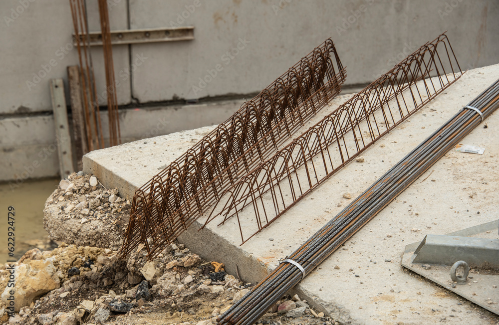 elements of reinforcing steel at a construction site