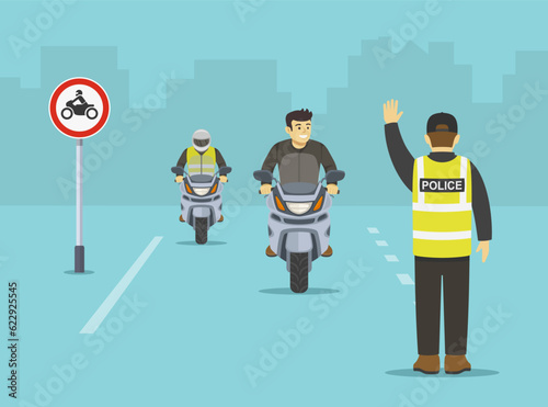 Isolated traffic police officer makes a stop gesture with his hand and pulls over motorcycle riders. No motorcycle sign area. Flat vector illustration template.