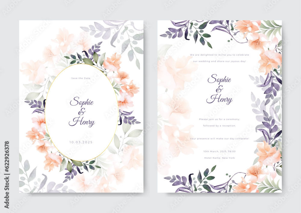 Fototapeta premium Floral wedding invitation template set with flowers and leaves decoration. Botanic card design concept.