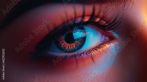 Close-up of woman eye neon light. Female with beautiful makeup  Beauty  cosmetics  night club lifestyle concept.