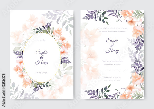 Floral wedding invitation template set with flowers and leaves decoration. Botanic card design concept.
