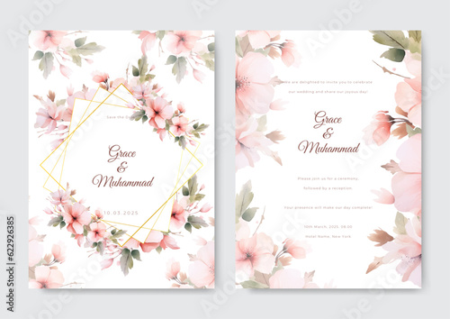 Floral wedding invitation template set with flowers and leaves decoration. Botanic card design concept.
