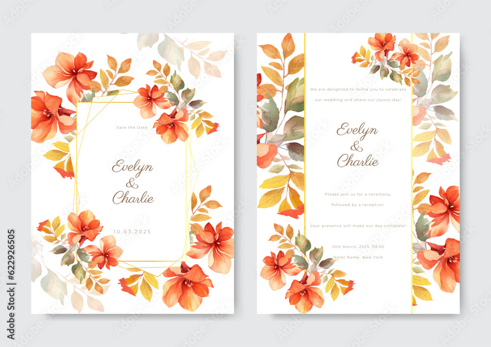 Fototapeta premium Floral wedding invitation template set with flowers and leaves decoration. Botanic card design concept.