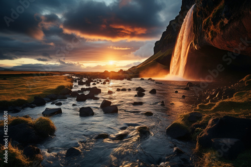 Seljalandsfoss waterfall radiates splendor as the sun dips below the horizon Generative AI
