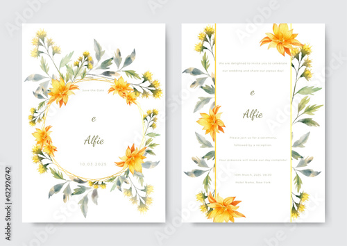 Watercolor wedding invitation template set with floral and leaves decoration.