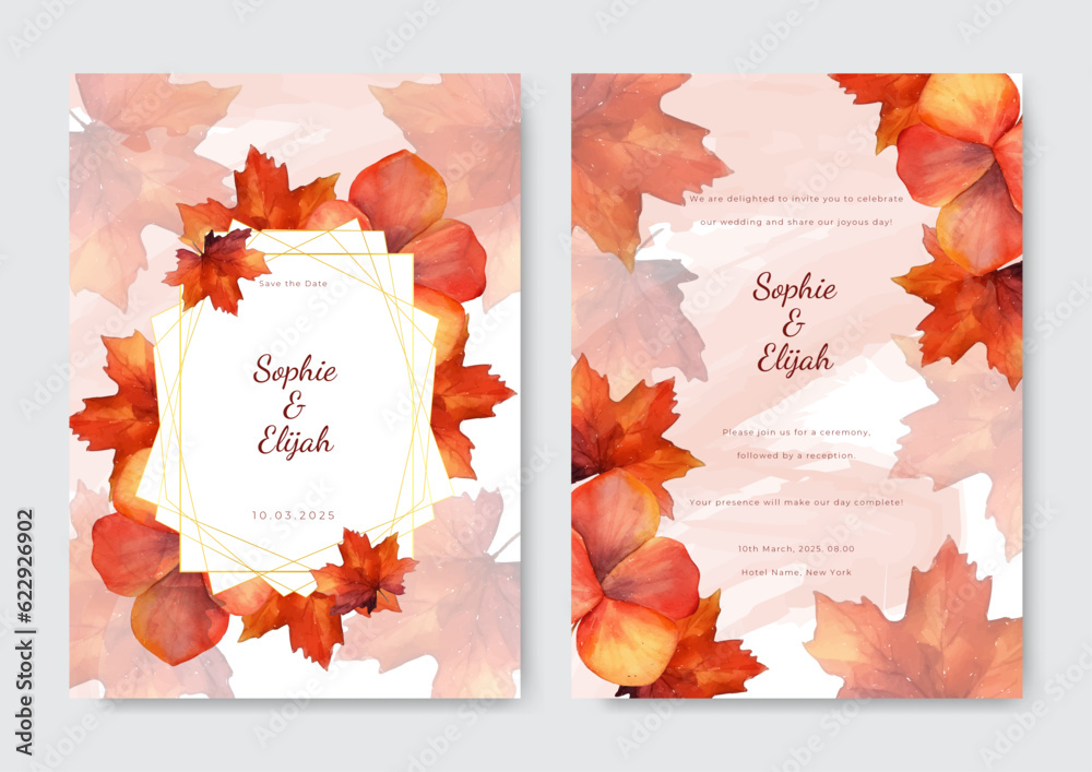 Fototapeta premium Watercolor wedding invitation template set with floral and leaves decoration.