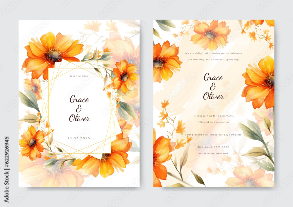 Fototapeta premium Watercolor wedding invitation template set with floral and leaves decoration.