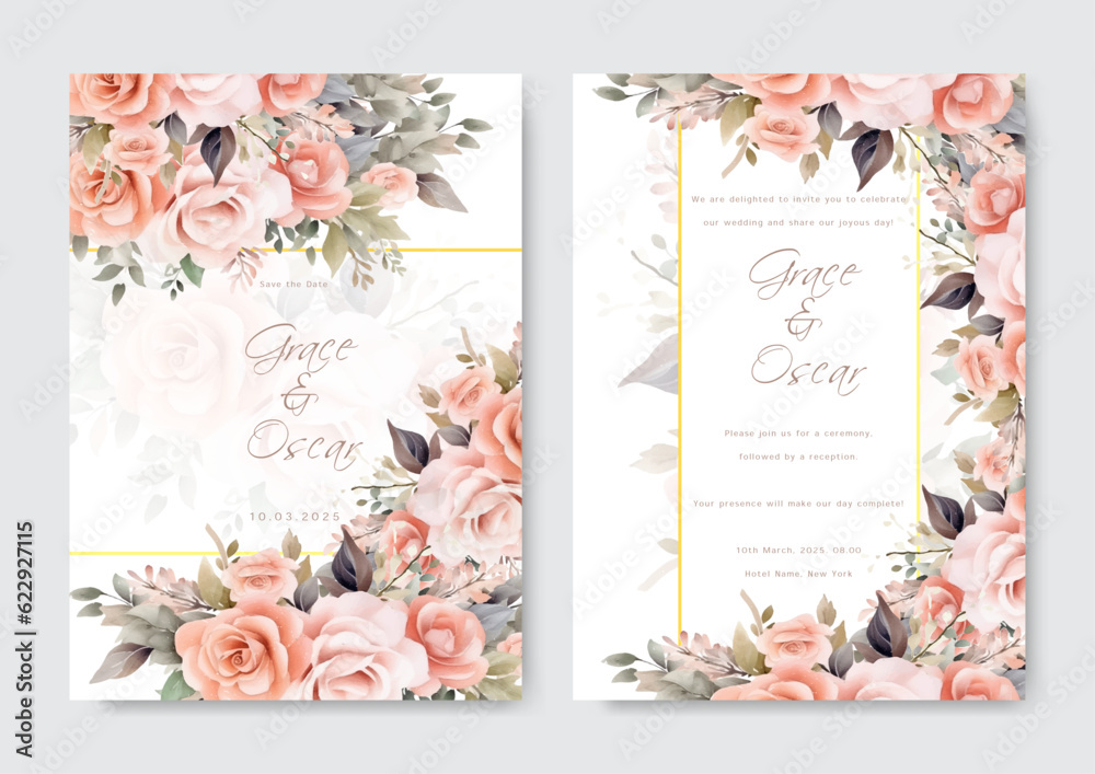 Fototapeta premium Watercolor wedding invitation template set with floral and leaves decoration.