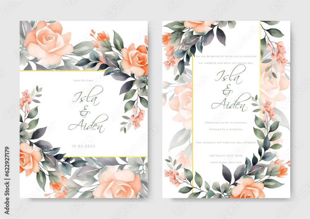 Fototapeta premium Watercolor wedding invitation template set with floral and leaves decoration.