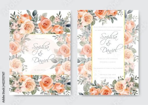 Watercolor wedding invitation template set with floral and leaves decoration.