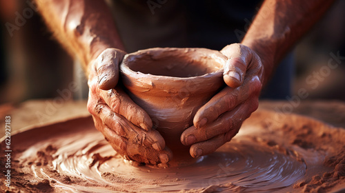 potter's hands at work close-up. Generative Ai. 