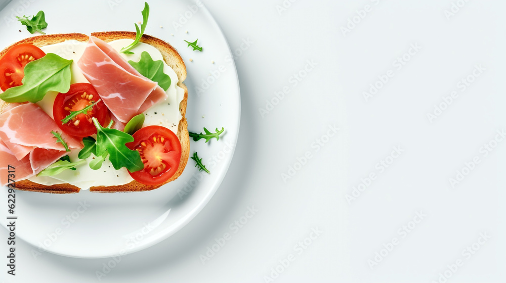 sandwiches with tomatoes and ham and on a white background. Generative Ai. 