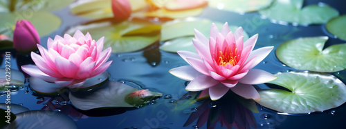 pink water lilies on the lake. Generative Ai. 