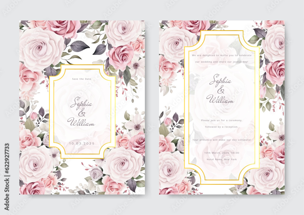 Watercolor wedding invitation template set with floral and leaves decoration.