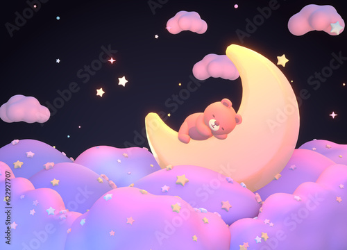 3d rendered cute bear sleeping on the moon.