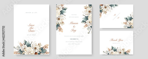 Premium wedding invitation template set with elegant brown leaves decoration. Botanic card design concept