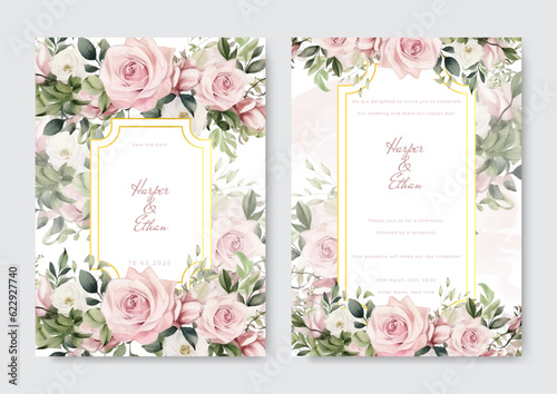 Watercolor wedding invitation template set with floral and leaves decoration.