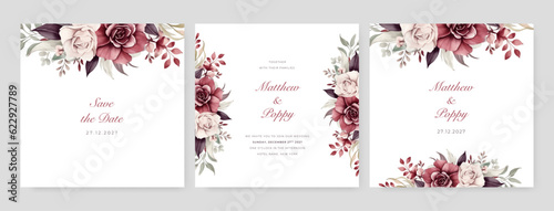 Beautiful art background vector. Luxury wedding invitation template set with floral frame Premium Vector.
