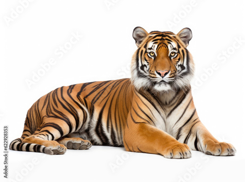 Tiger lying down isolated on white