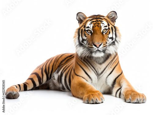 Tiger lying down isolated on white