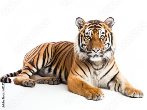 Tiger lying down isolated on white