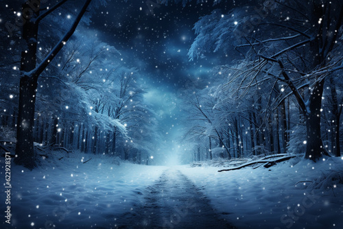The winter backdrop is adorned with a mesmerizing snowstorm at night Generative AI